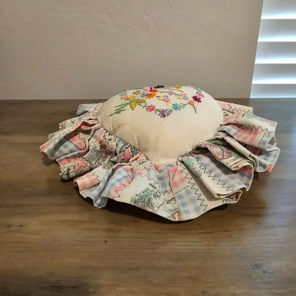 Vintage Floral Needlepoint Heart Patchwork Pillow Pink Cottage Grandmacore Decor